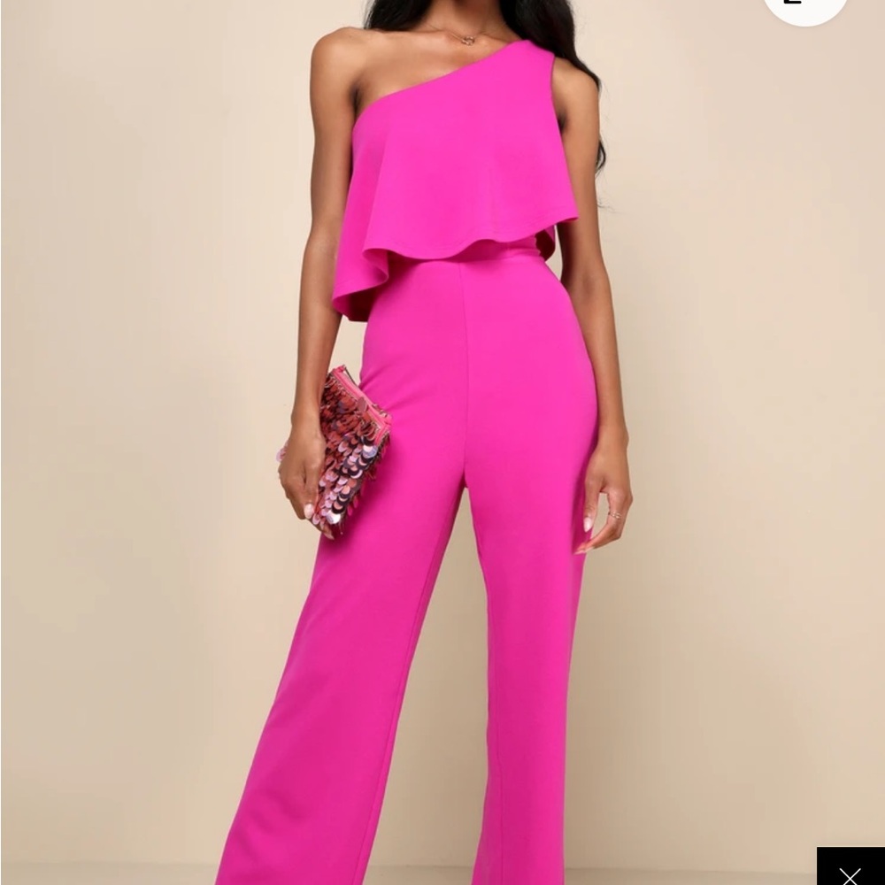 Lulu's Bright Fuchsia One-Shoulder Ruffle Jumpsuit